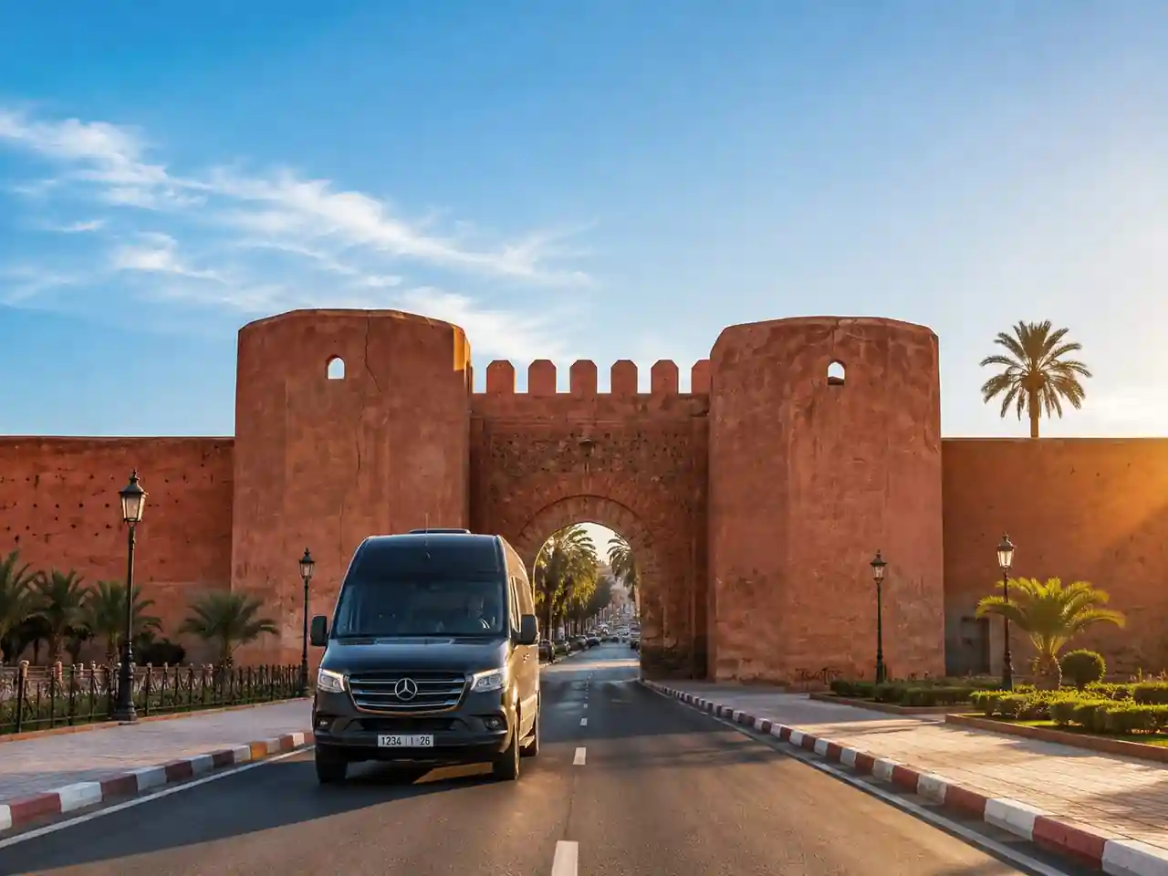 Van Dream Avatar Tours passant la porte de la médina de Marrakech